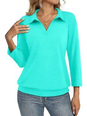 Women's Aqua V Neck Banded Bottom 3/4 Sleeve Shirts Collared Casual Blouses